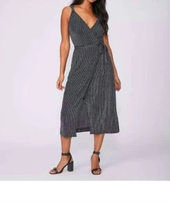 Paige Marina Sleeveless Wrap Dress in Black/Silver Lurex for women