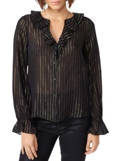 Paige Stefania Womens Ruffled Crop Button-Down Top