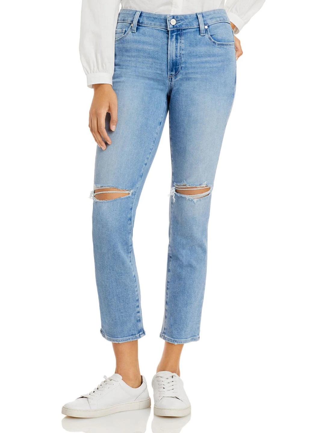 Paige Amber Womens Mid Rise Destructed Straight Leg Jeans